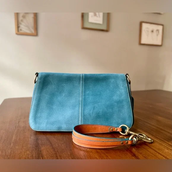 Vintage Coach Chelsea Teal Nubuc Nubuck Flap Hobo - Picture 3 of 12